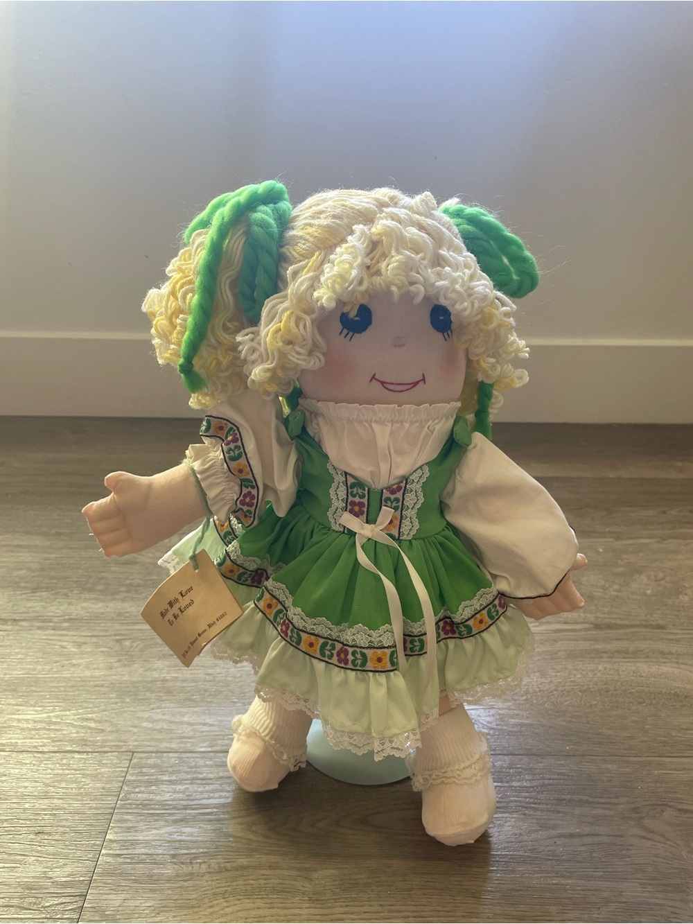 Hand Made Cloth Kammie Doll by Lorryn Curly Blond Hair Green Outfit Blue Eyes